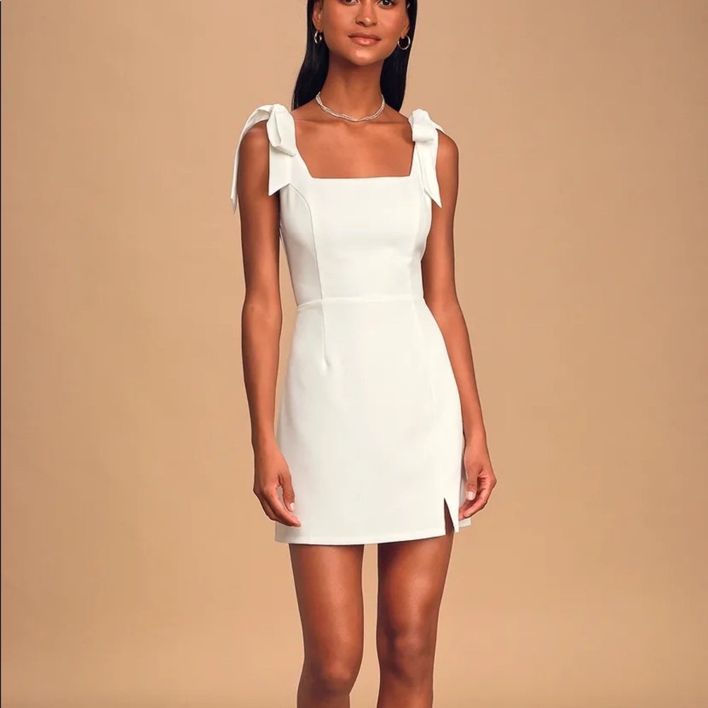 Lulus White Mini Dress with Bow Tie Straps and Slit